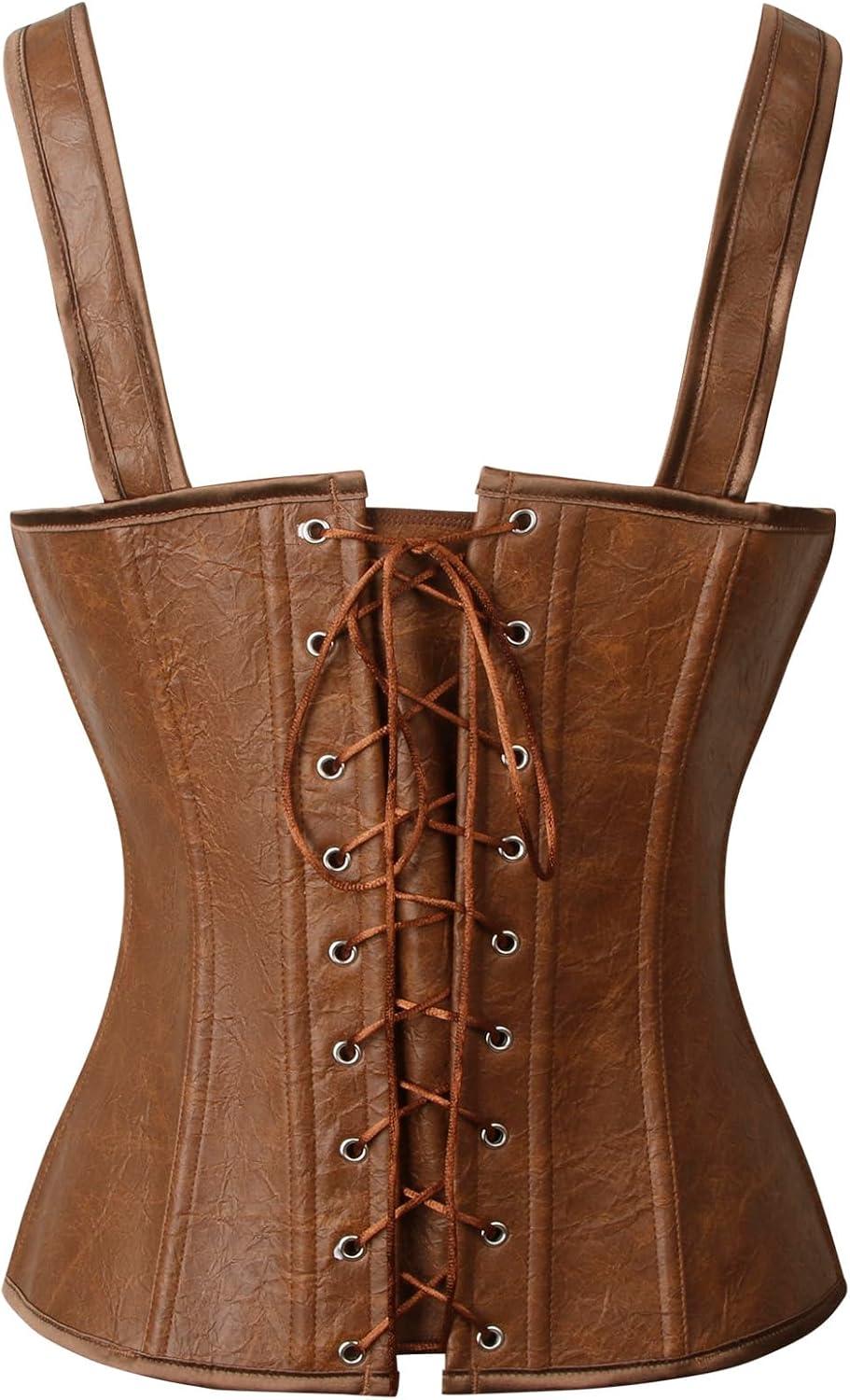 imageCharmian Womens Renaissance Lace Up Vintage Boned Bustier Corset with GartersCaramel Brown