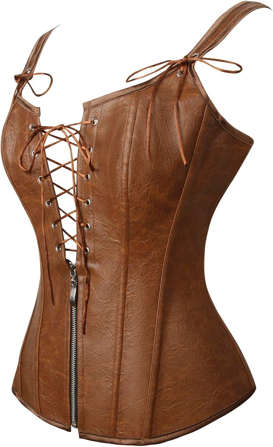 imageCharmian Womens Renaissance Lace Up Vintage Boned Bustier Corset with GartersCaramel Brown