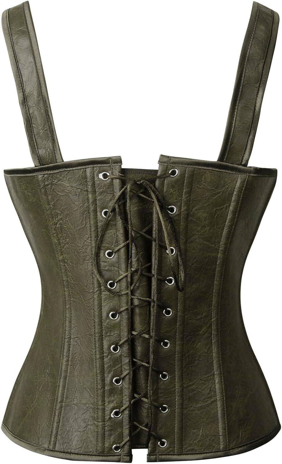 imageCharmian Womens Renaissance Lace Up Vintage Boned Bustier Corset with GartersOlive Green