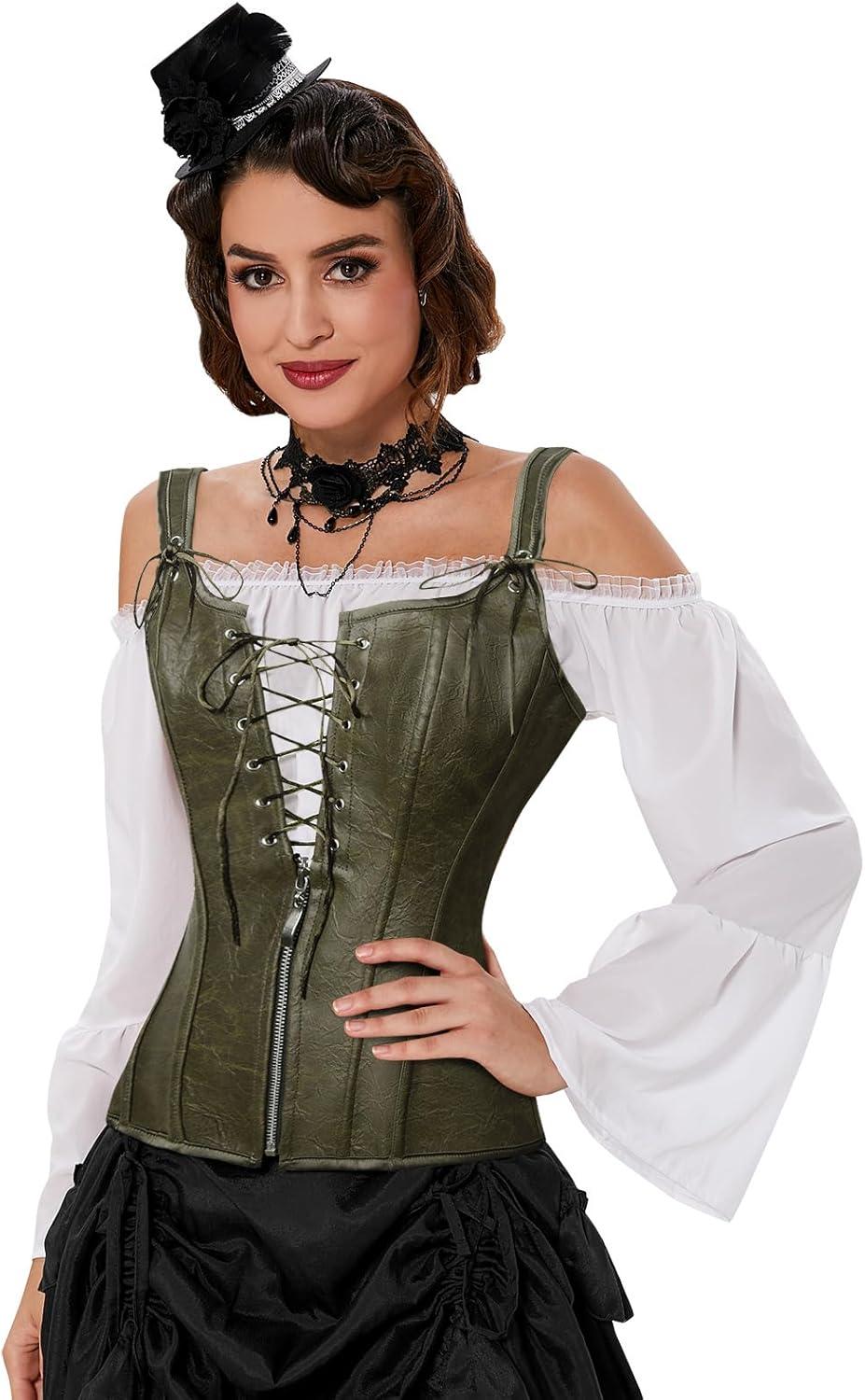 imageCharmian Womens Renaissance Lace Up Vintage Boned Bustier Corset with GartersOlive Green
