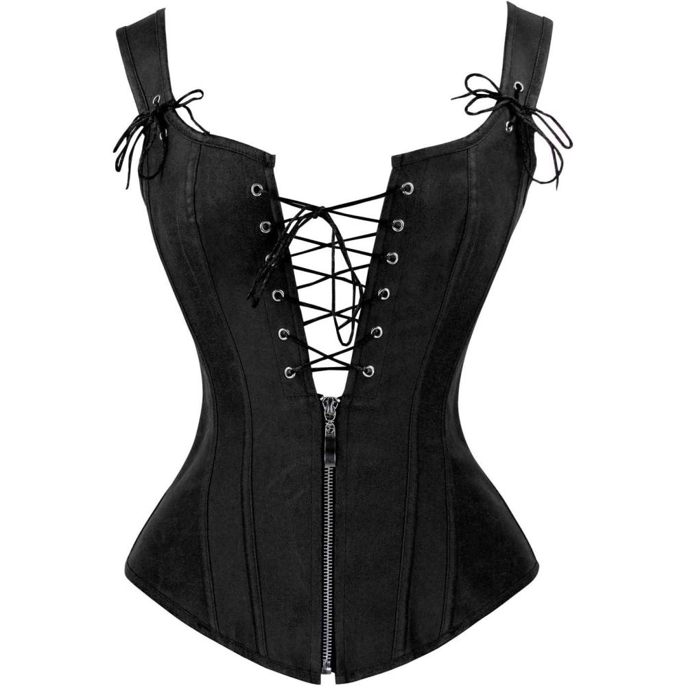 imageCharmian Womens Renaissance Lace Up Vintage Boned Bustier Corset with GartersBlack