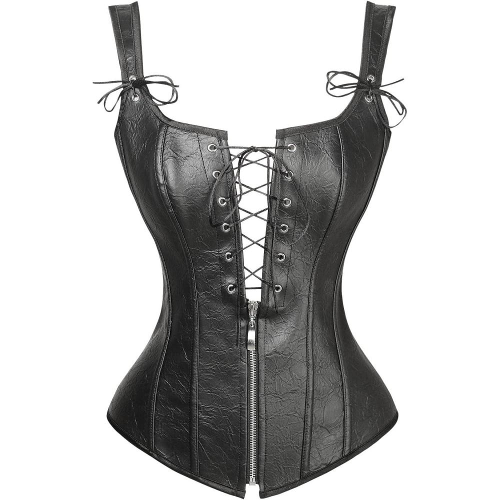 imageCharmian Womens Renaissance Lace Up Vintage Boned Bustier Corset with GartersBlackFaux Leather