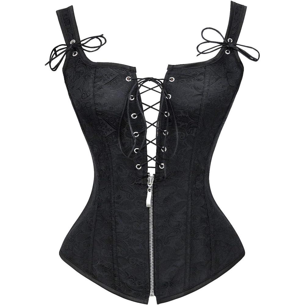 imageCharmian Womens Renaissance Lace Up Vintage Boned Bustier Corset with GartersBlackFloral