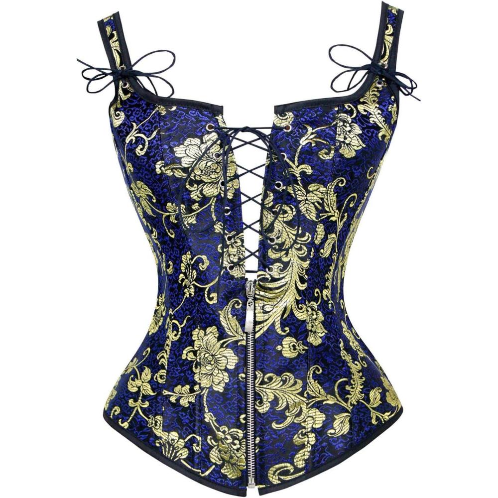 imageCharmian Womens Renaissance Lace Up Vintage Boned Bustier Corset with GartersBlue