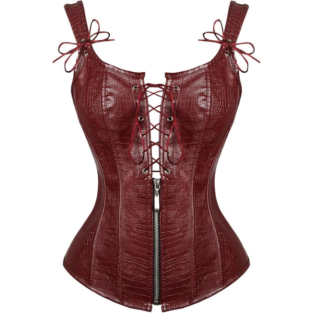 imageCharmian Womens Renaissance Lace Up Vintage Boned Bustier Corset with GartersBurgundyred