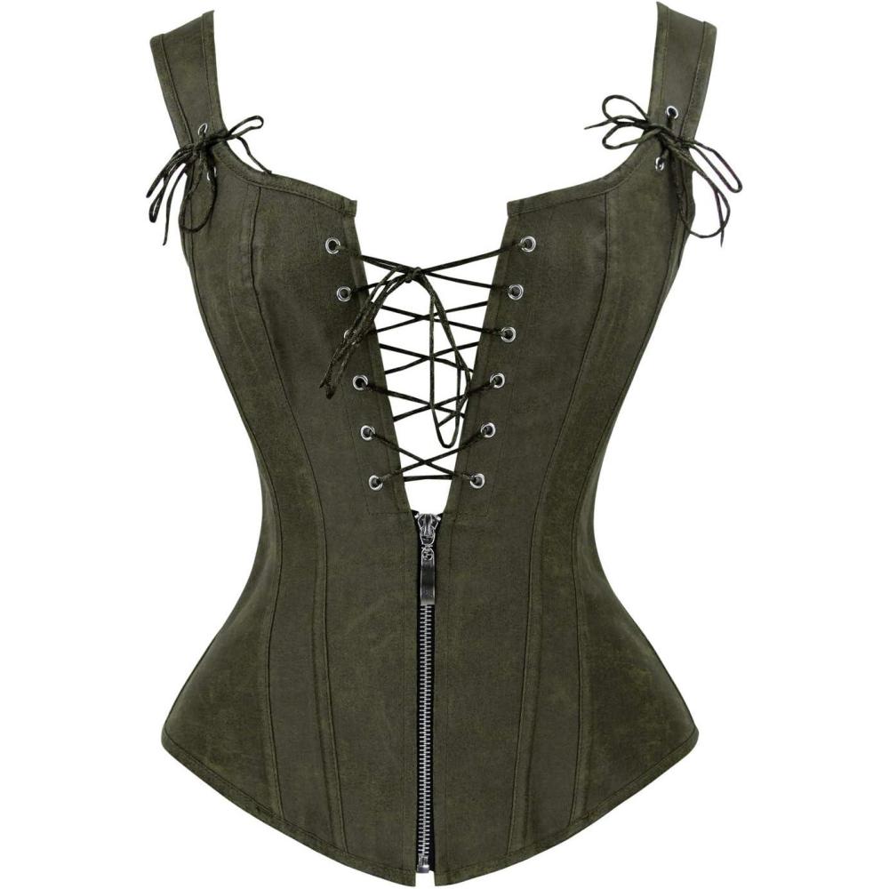 imageCharmian Womens Renaissance Lace Up Vintage Boned Bustier Corset with GartersOlive