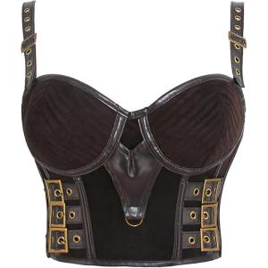 imageCharmian Womens PU Leather Spaghetti Straps Bustier Bra Clubwear Crop TopBrown
