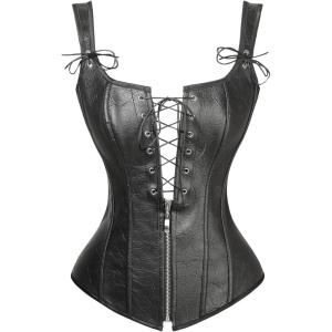 imageCharmian Womens Renaissance Lace Up Vintage Boned Bustier Corset with GartersBlackFaux Leather