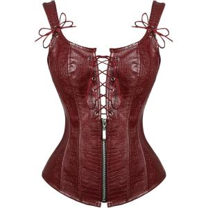 imageCharmian Womens Renaissance Lace Up Vintage Boned Bustier Corset with GartersBurgundyred