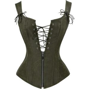 imageCharmian Womens Renaissance Lace Up Vintage Boned Bustier Corset with GartersOlive