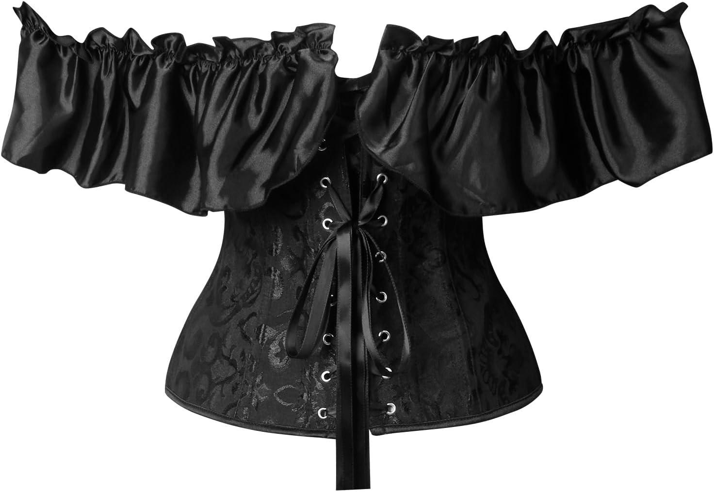 imageCharmian Womens Vintage Victorian Off Shoulder Ruffled Lace Up Overbust CorsetBlack