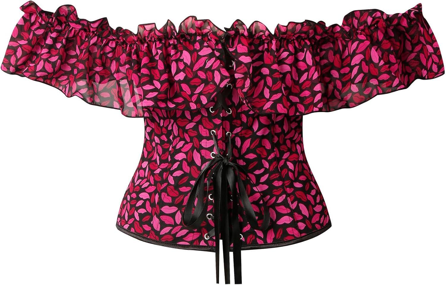 imageCharmian Womens Vintage Victorian Off Shoulder Ruffled Lace Up Overbust CorsetPinkRed