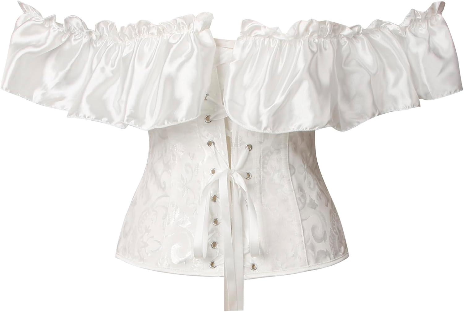 imageCharmian Womens Vintage Victorian Off Shoulder Ruffled Lace Up Overbust CorsetWhite