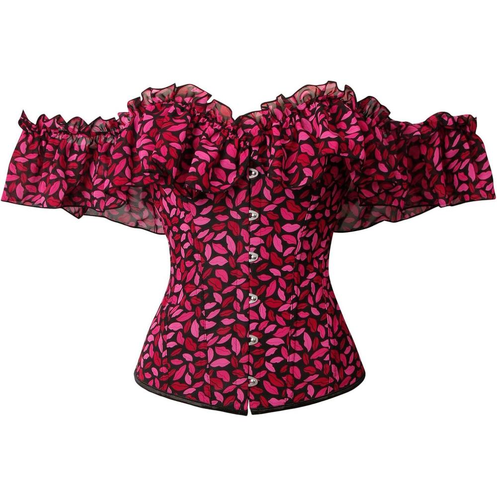 imageCharmian Womens Vintage Victorian Off Shoulder Ruffled Lace Up Overbust CorsetPinkRed