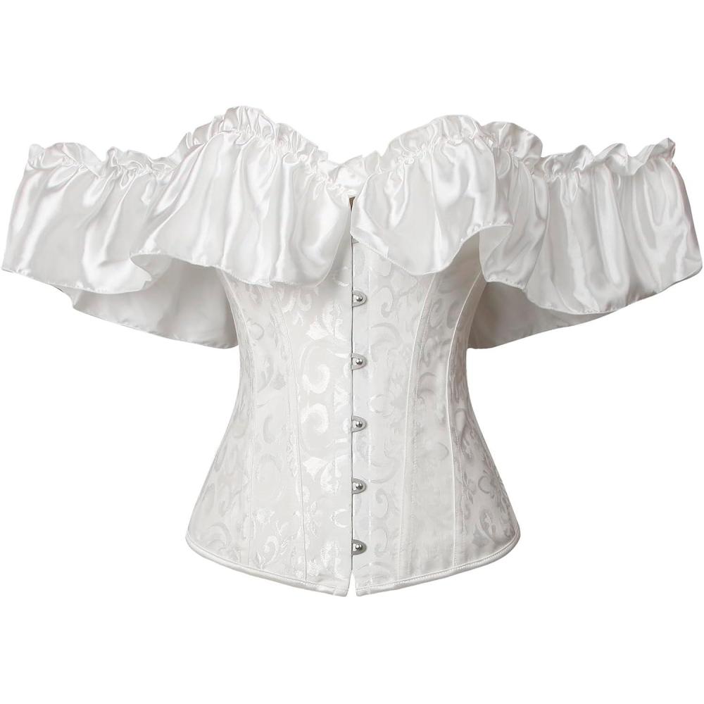 imageCharmian Womens Vintage Victorian Off Shoulder Ruffled Lace Up Overbust CorsetWhite