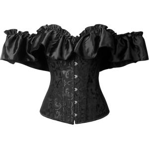 imageCharmian Womens Vintage Victorian Off Shoulder Ruffled Lace Up Overbust CorsetBlack