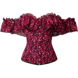 imageCharmian Womens Vintage Victorian Off Shoulder Ruffled Lace Up Overbust CorsetPinkRed