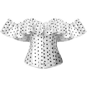 imageCharmian Womens Vintage Victorian Off Shoulder Ruffled Lace Up Overbust CorsetWhitePolka Dot