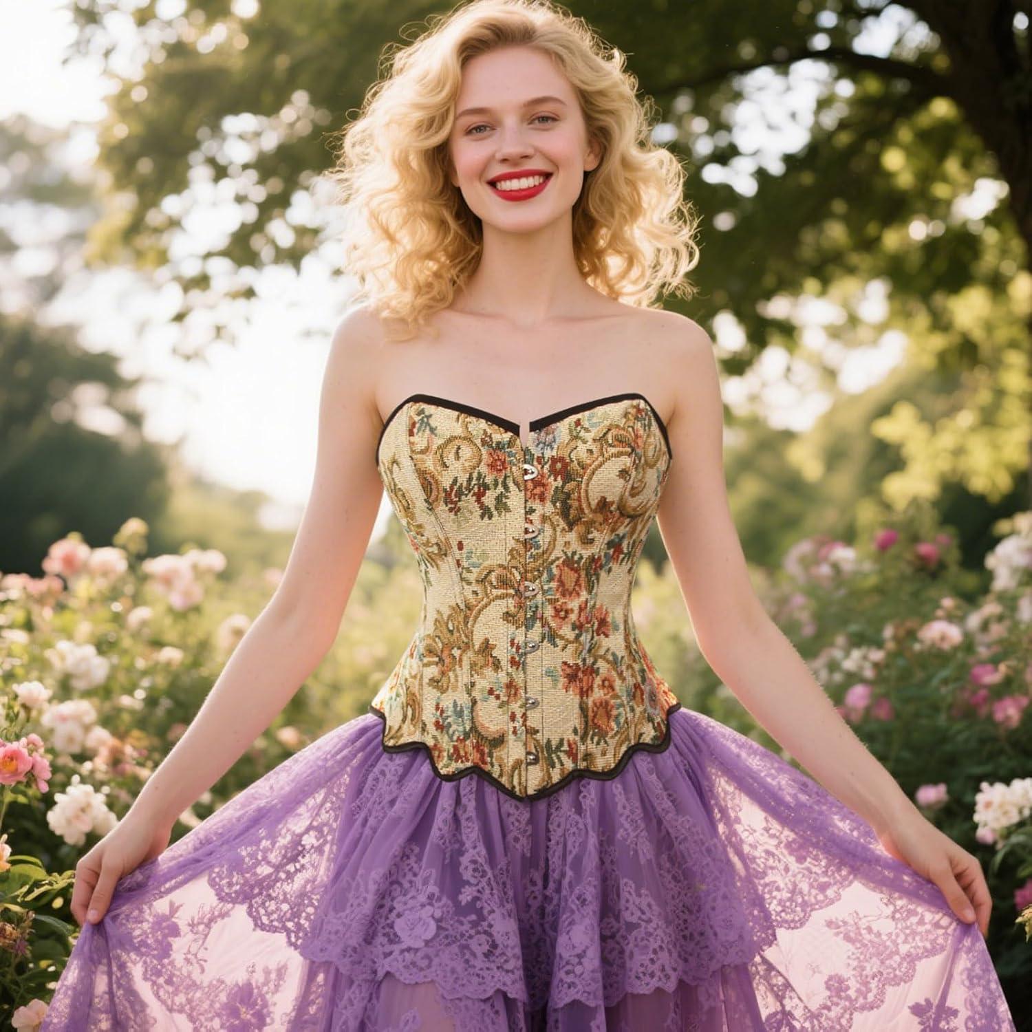 imageCharmian Womens Renaissance Retro Elegant Floral Lace Trim Overbust Corset TopMulticolored