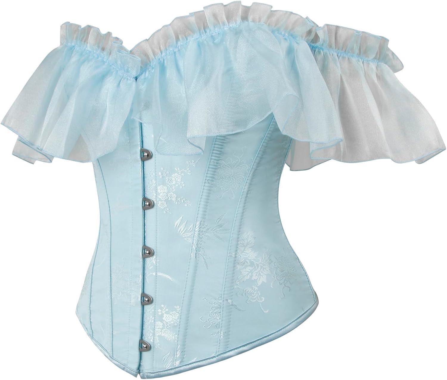imageCharmian Womens Victorian Vintage Off Shoulder Ruffle Floral Lace Up Corset TopBlue