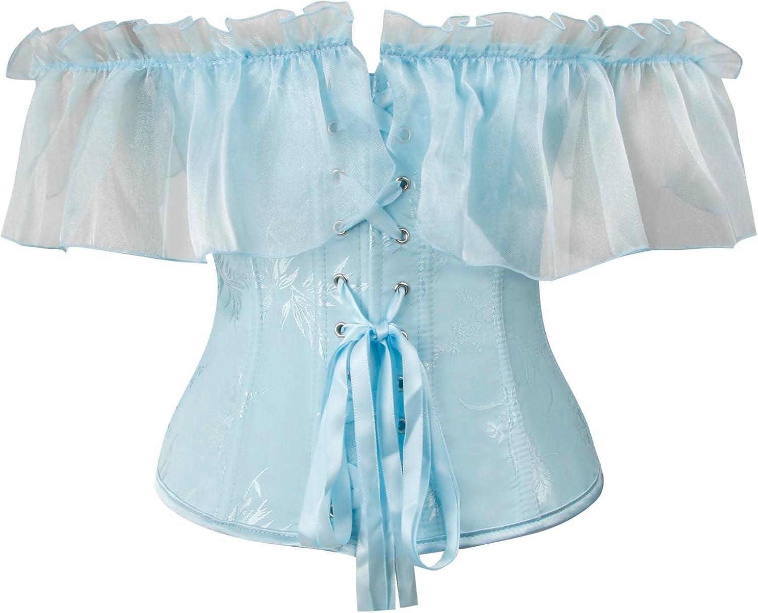 imageCharmian Womens Victorian Vintage Off Shoulder Ruffle Floral Lace Up Corset TopBlue