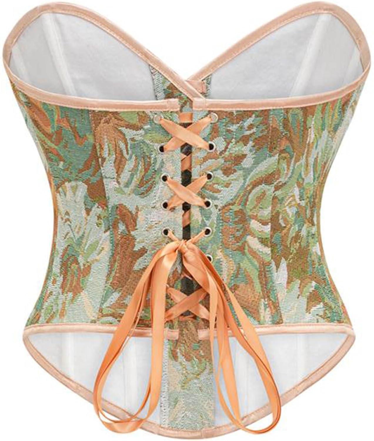 imageCharmian Womens Vintage Floral Print Lace Up Overbust Corset Bustier TopBrown