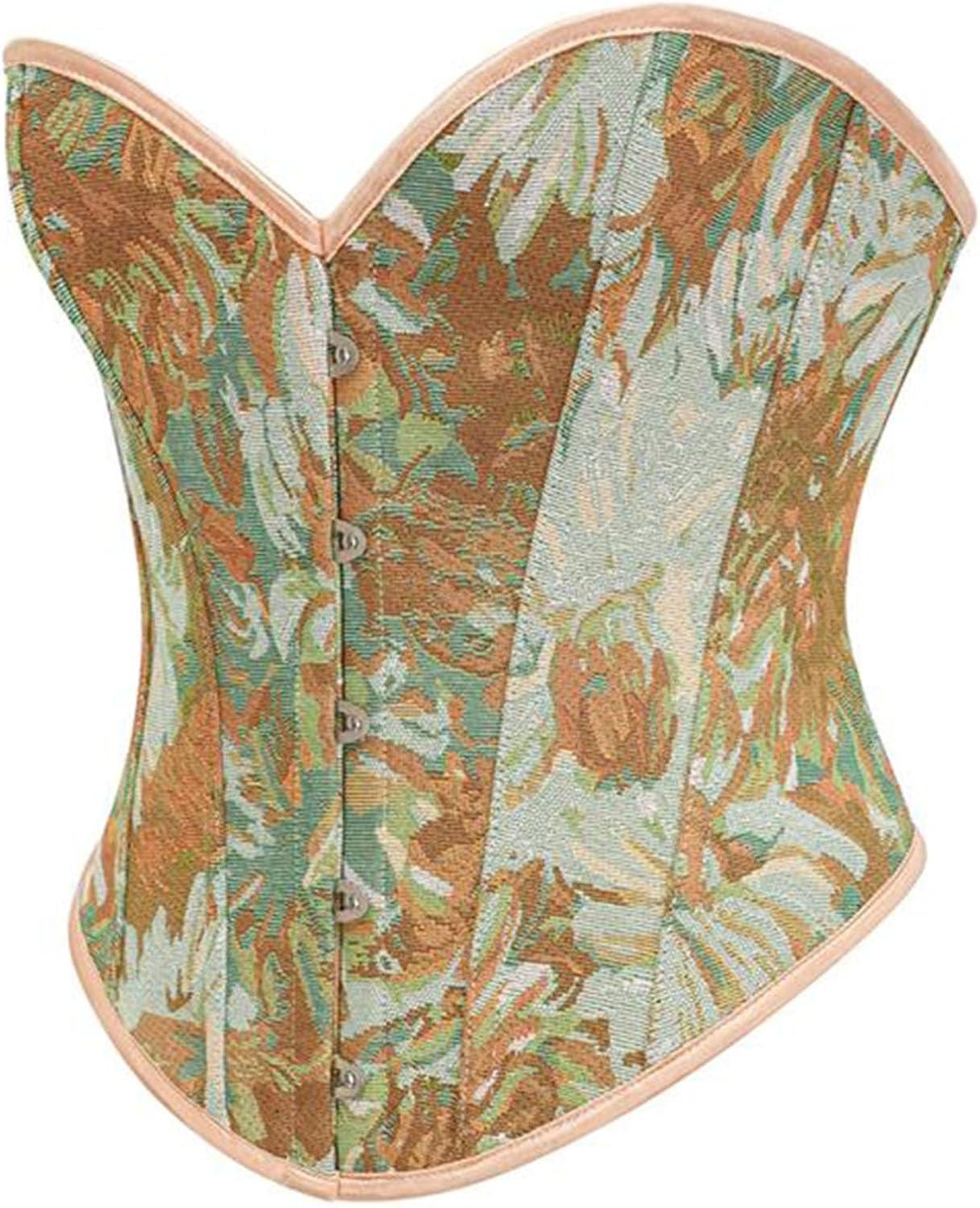 imageCharmian Womens Vintage Floral Print Lace Up Overbust Corset Bustier TopBrown
