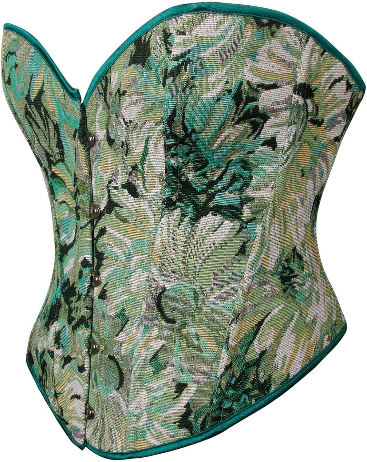 imageCharmian Womens Vintage Floral Print Lace Up Overbust Corset Bustier TopGreen