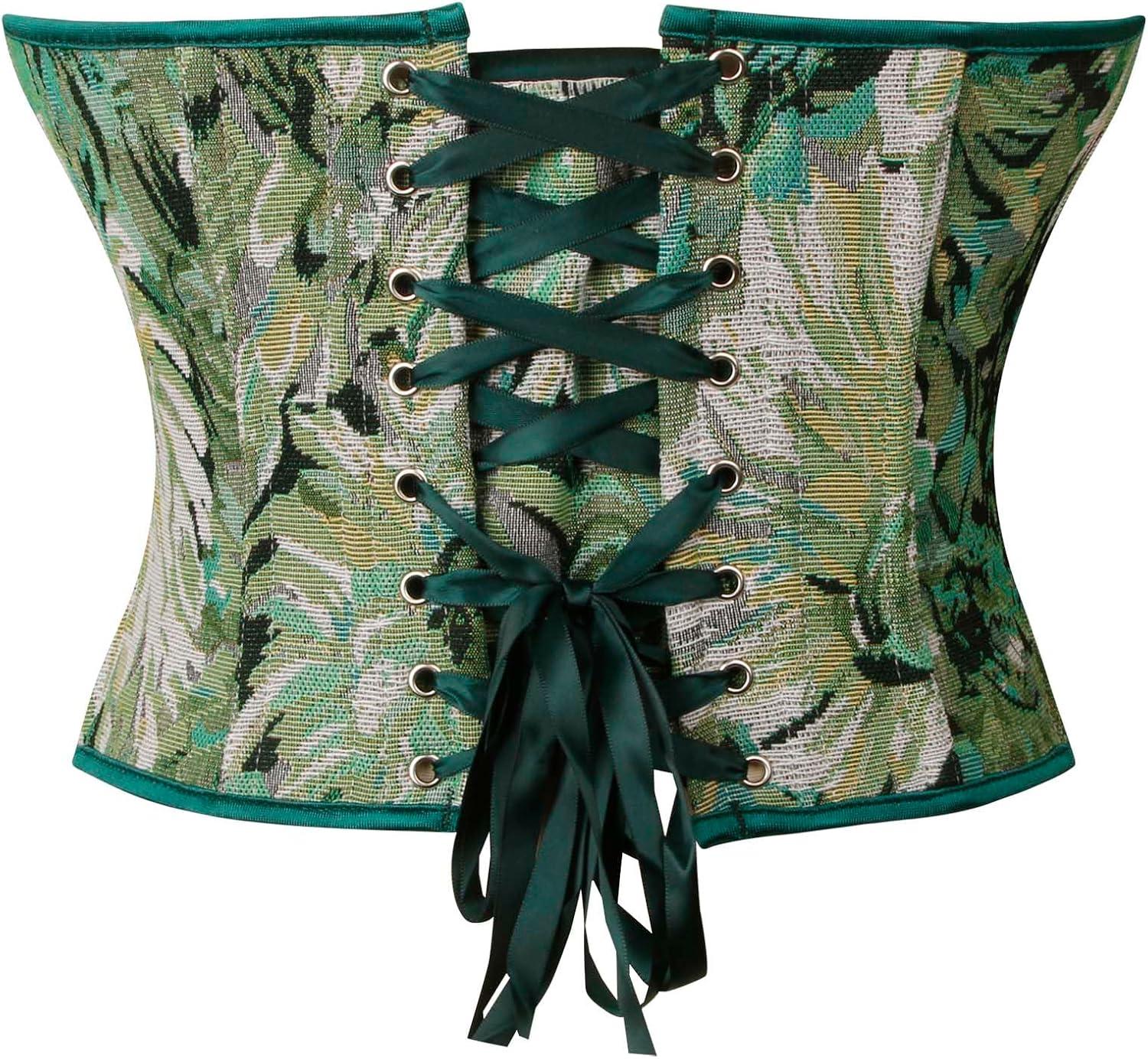 imageCharmian Womens Vintage Floral Print Lace Up Overbust Corset Bustier TopGreen