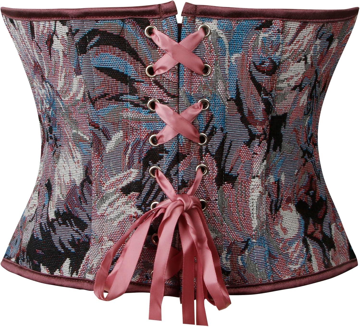 imageCharmian Womens Vintage Floral Print Lace Up Overbust Corset Bustier TopPurple