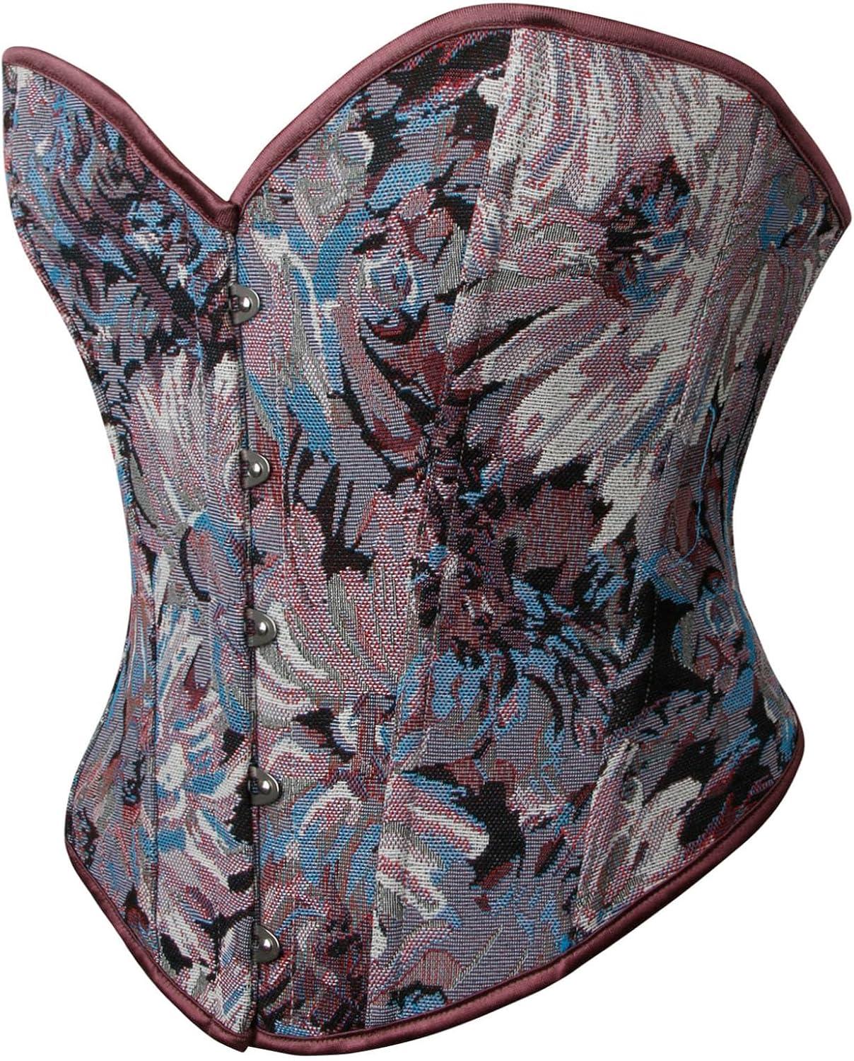 imageCharmian Womens Vintage Floral Print Lace Up Overbust Corset Bustier TopPurple