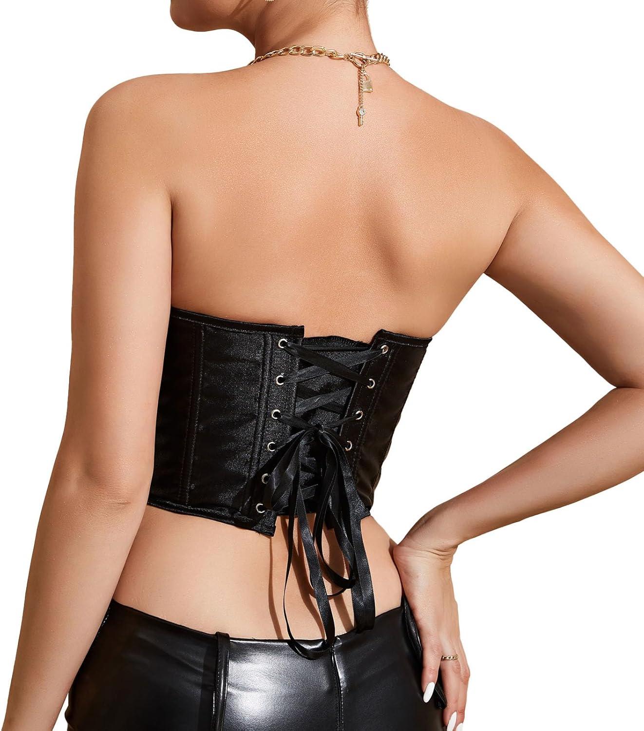 imageCharmian Womens Vintage Lace Up Boned Overbust Bustier Corset Top BodyshaperBlack