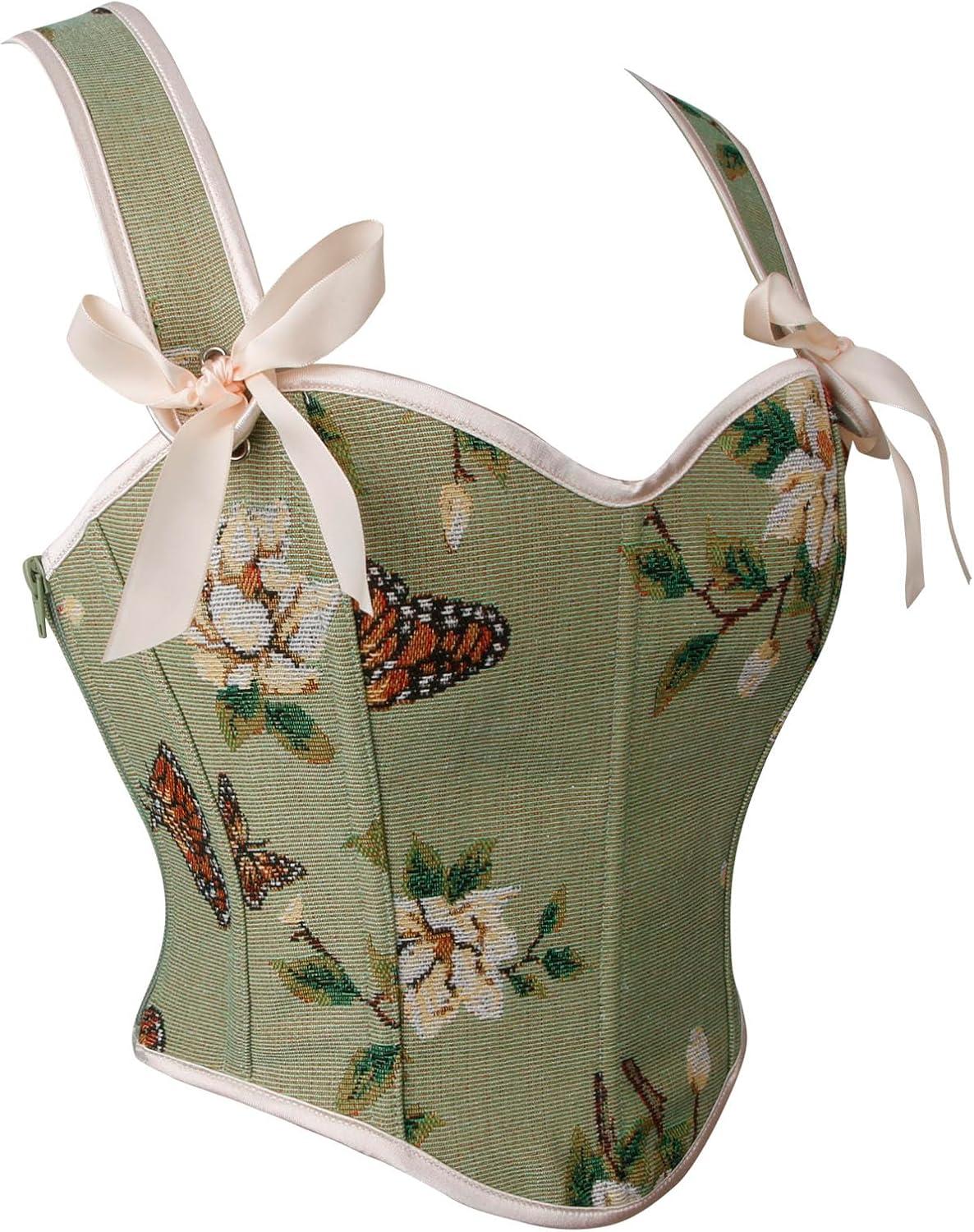 imageCharmian Womens Vintage Lace Up Overbust Push Up Bustier Corset Crop TopGreen