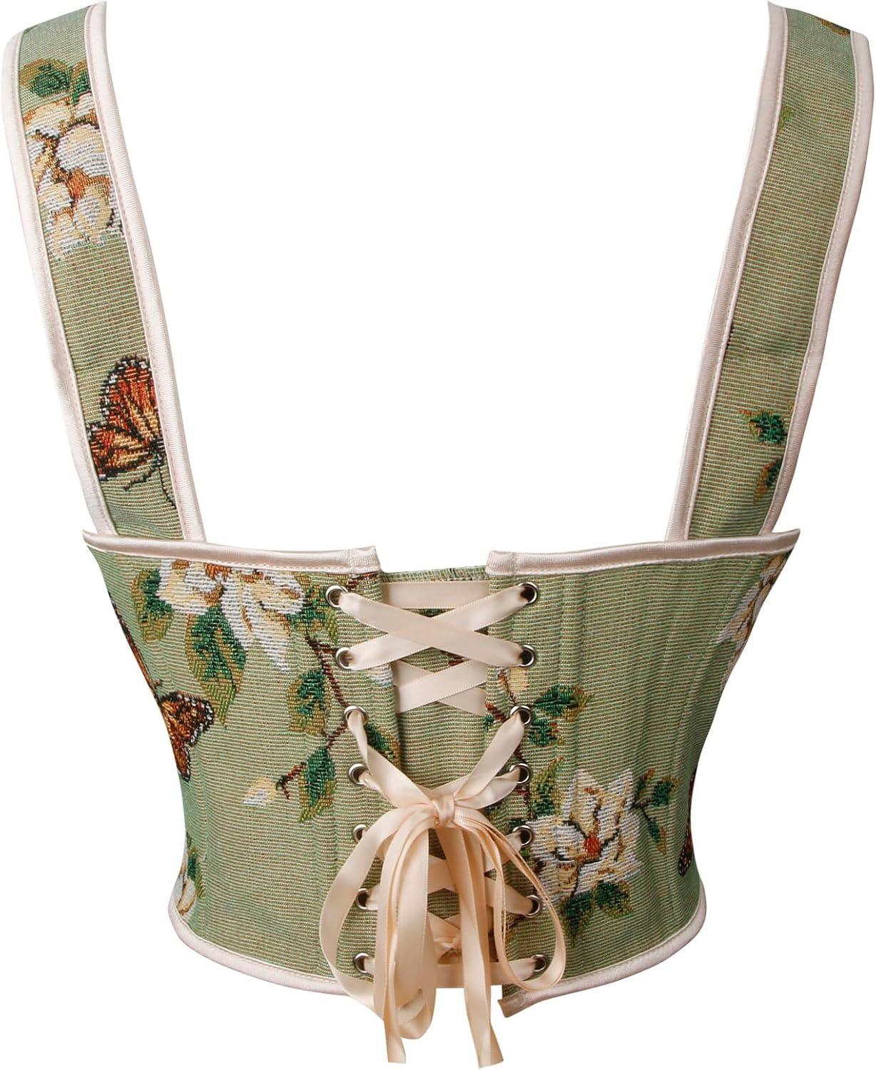 imageCharmian Womens Vintage Lace Up Overbust Push Up Bustier Corset Crop TopGreen