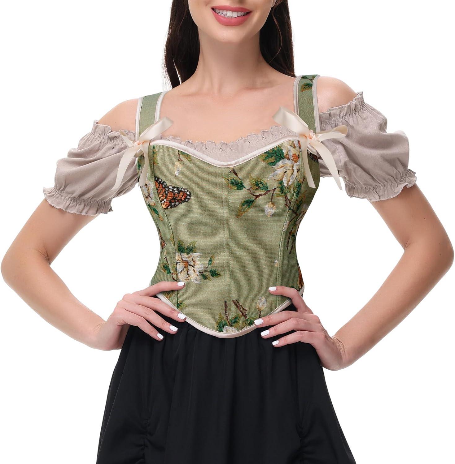 imageCharmian Womens Vintage Lace Up Overbust Push Up Bustier Corset Crop TopGreen