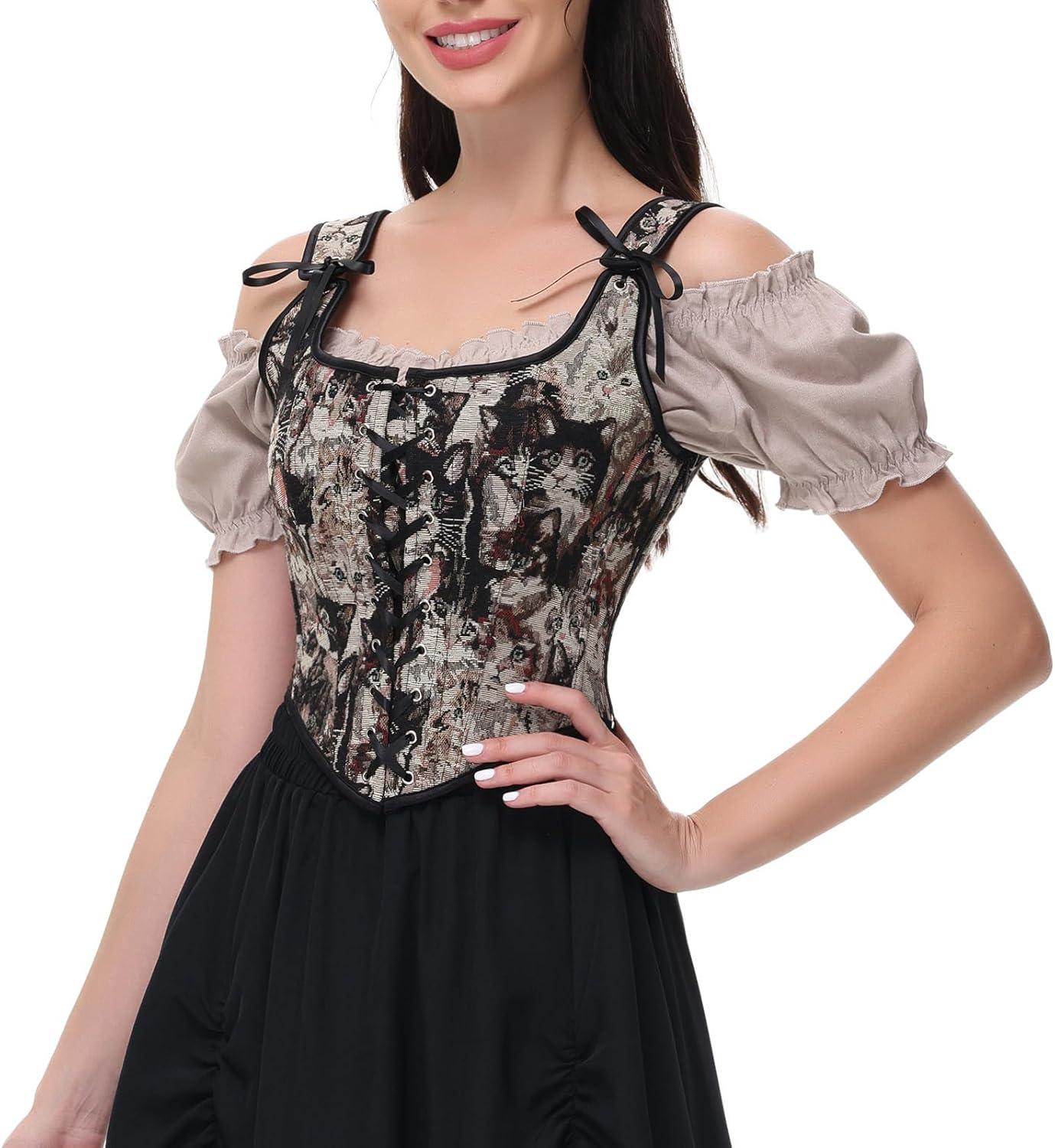 imageCharmian Womens Vintage Renaissance Bodice Boned Corset Bustier Shapewear TopBrown