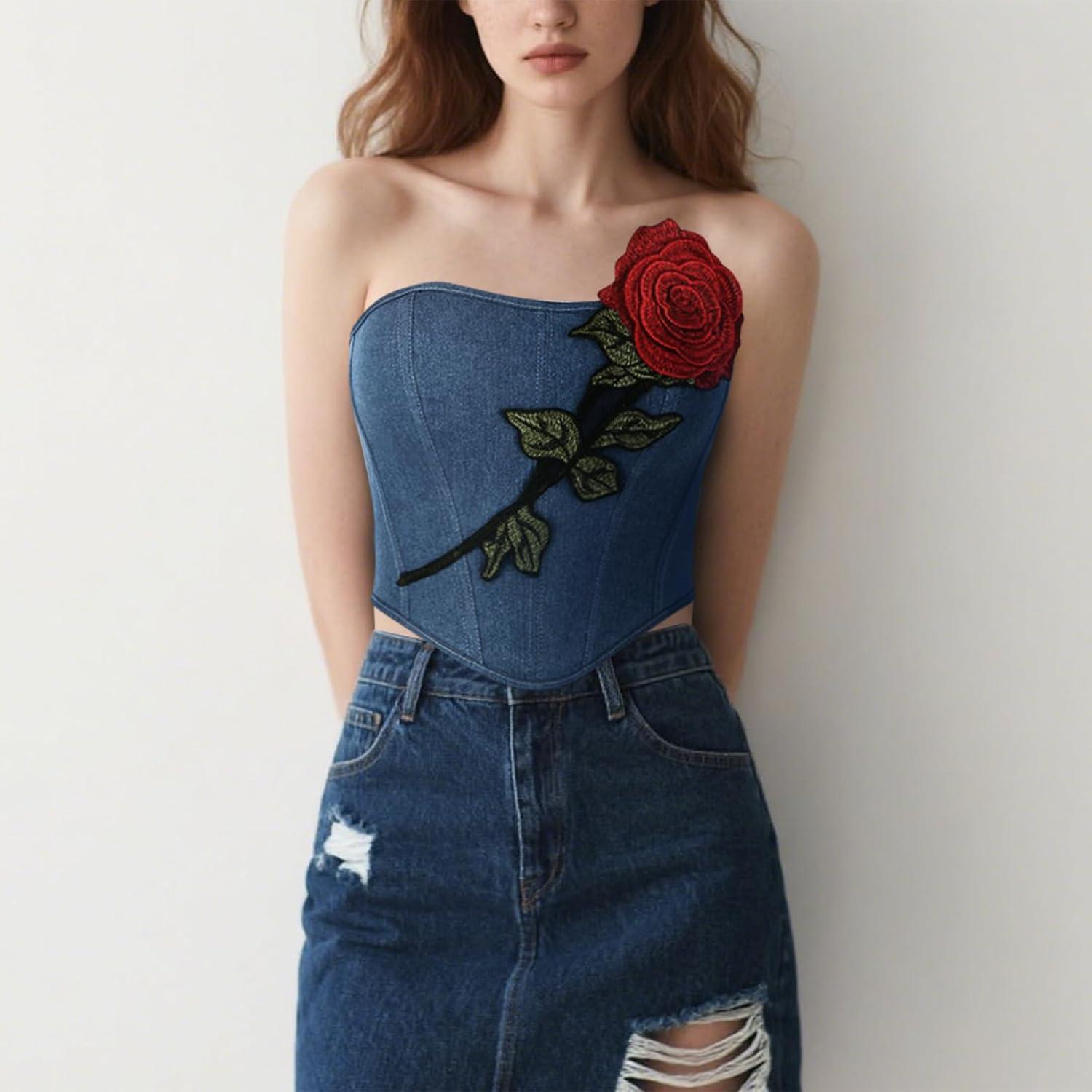imageCharmian Womens Y2K Vintage Strapless Denim Corset Top with Rose EmbroideryBlue