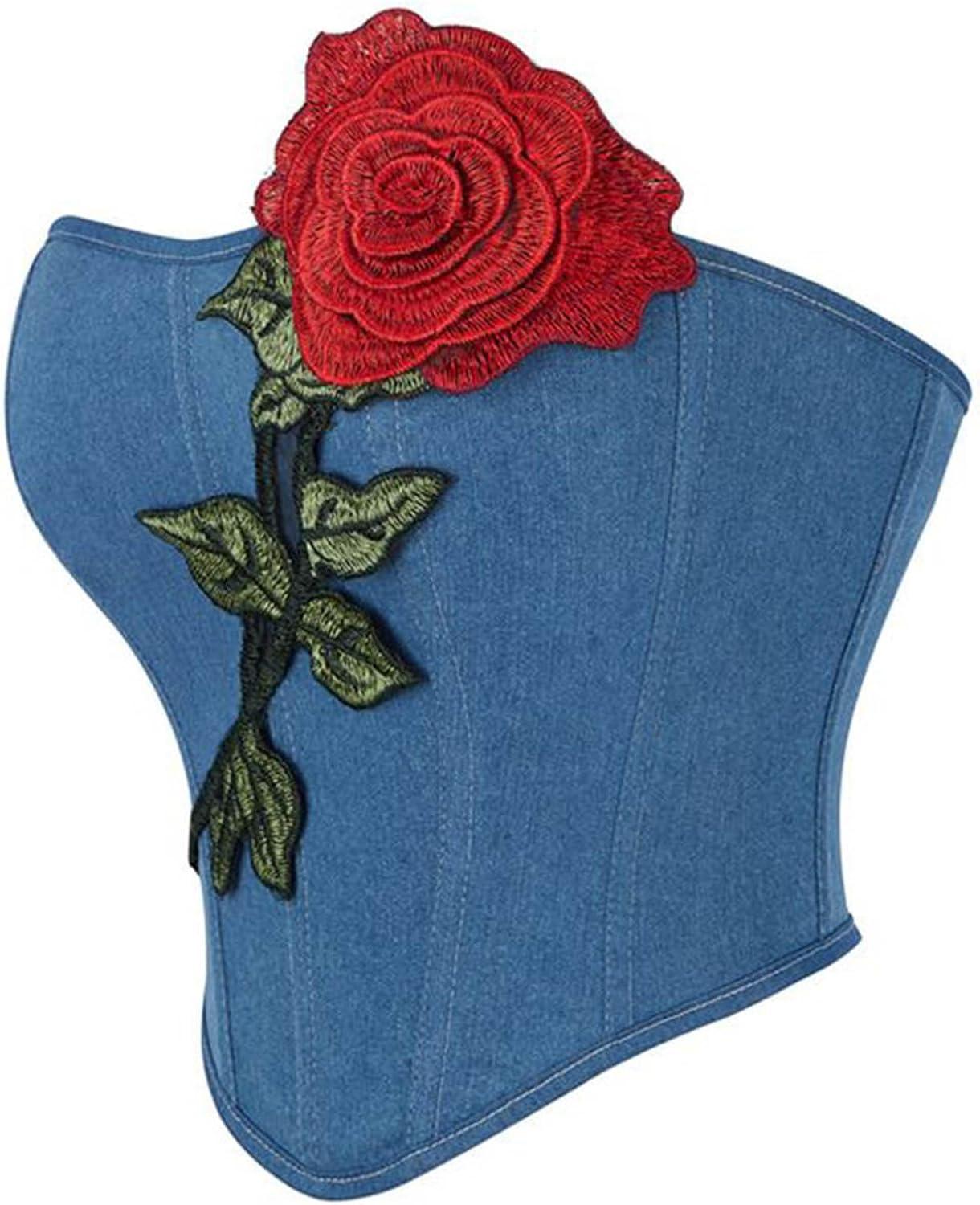 imageCharmian Womens Y2K Vintage Strapless Denim Corset Top with Rose EmbroideryBlue