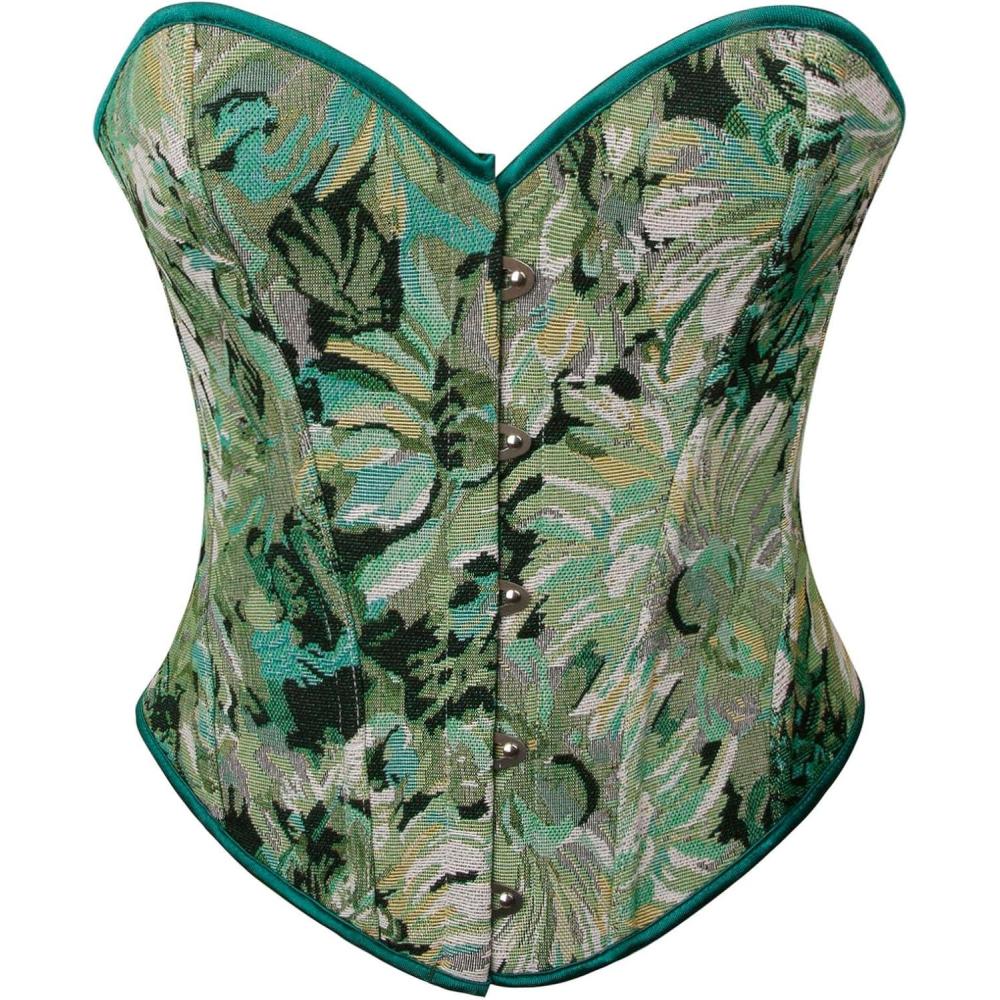 imageCharmian Womens Vintage Floral Print Lace Up Overbust Corset Bustier TopGreen