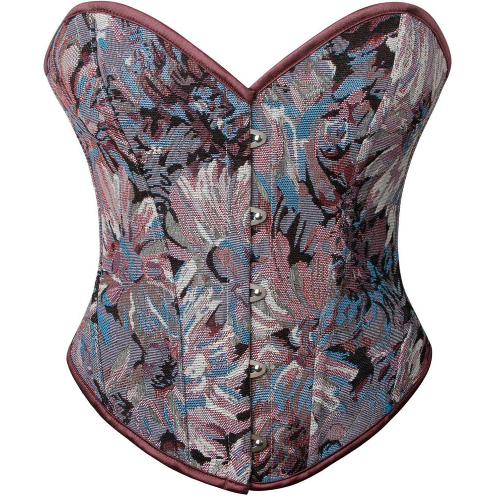 imageCharmian Womens Vintage Floral Print Lace Up Overbust Corset Bustier TopPurple