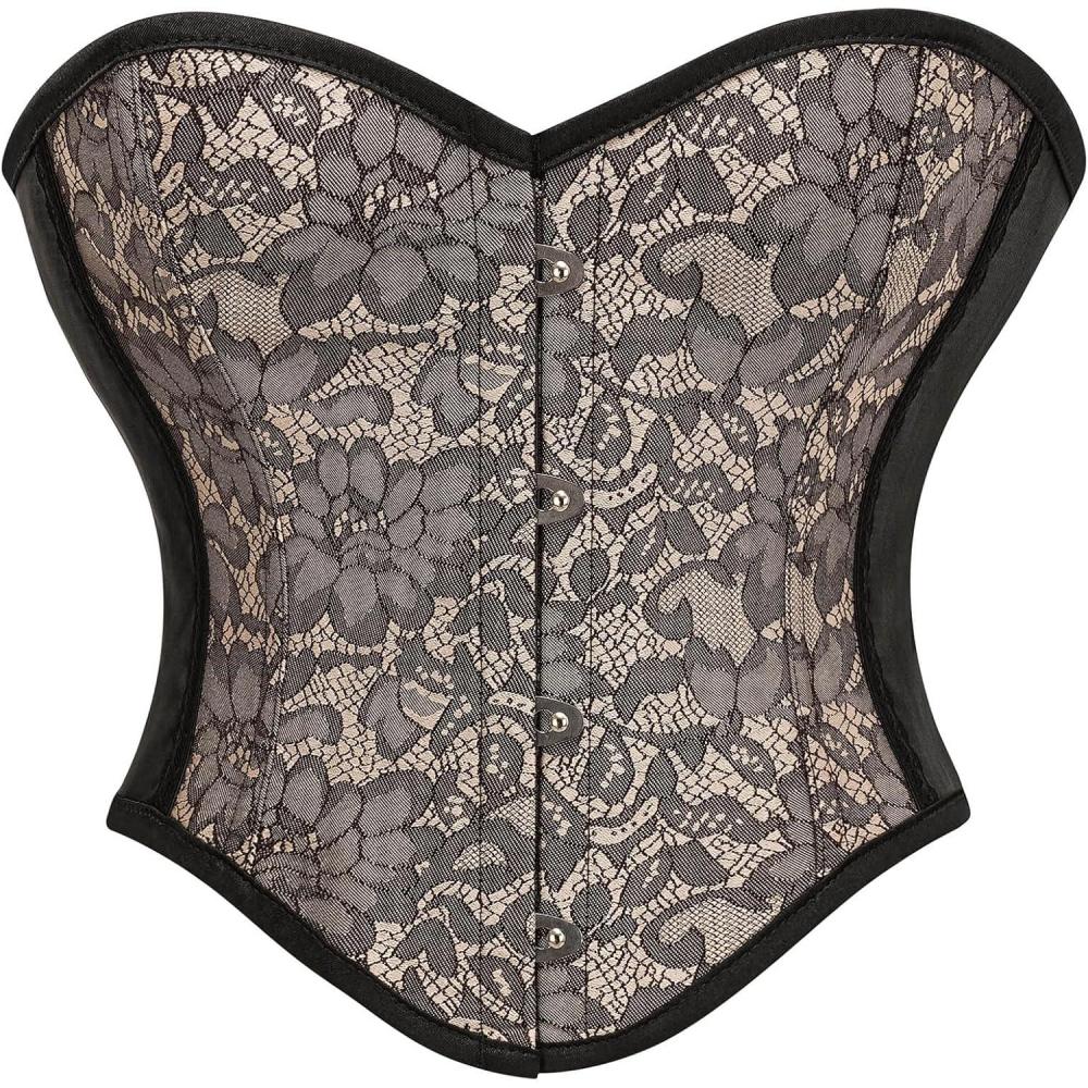 imageCharmian Womens Vintage Lace Up Boned Overbust Bustier Corset Top BodyshaperBlack