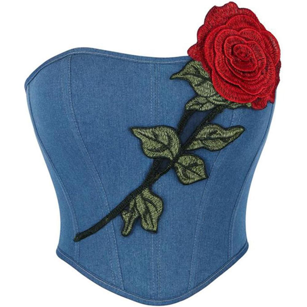 imageCharmian Womens Y2K Vintage Strapless Denim Corset Top with Rose EmbroideryBlue