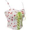 imageCharmian Womens Spaghetti Strap Boned Cherry Print Lace Up Corset Crop TopWhite