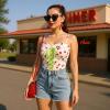 imageCharmian Womens Spaghetti Strap Boned Cherry Print Lace Up Corset Crop TopWhite