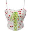 imageCharmian Womens Spaghetti Strap Boned Cherry Print Lace Up Corset Crop TopWhite