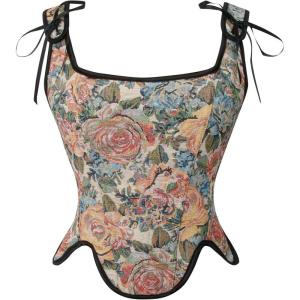 imageCharmian Womens Renaissance Floral Lace Up Bodice Corset Vest with ZipperYellow