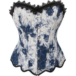 imageCharmian Womens Renaissance Retro Elegant Floral Lace Trim Overbust Corset TopBlue