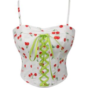 imageCharmian Womens Spaghetti Strap Boned Cherry Print Lace Up Corset Crop TopWhite