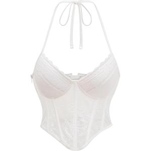 imageCharmian Womens Summer Halter VNeck Backless Lace Up Boned Bustier Corset TopWhite