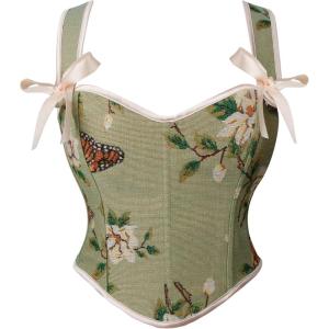 imageCharmian Womens Vintage Lace Up Overbust Push Up Bustier Corset Crop TopGreen